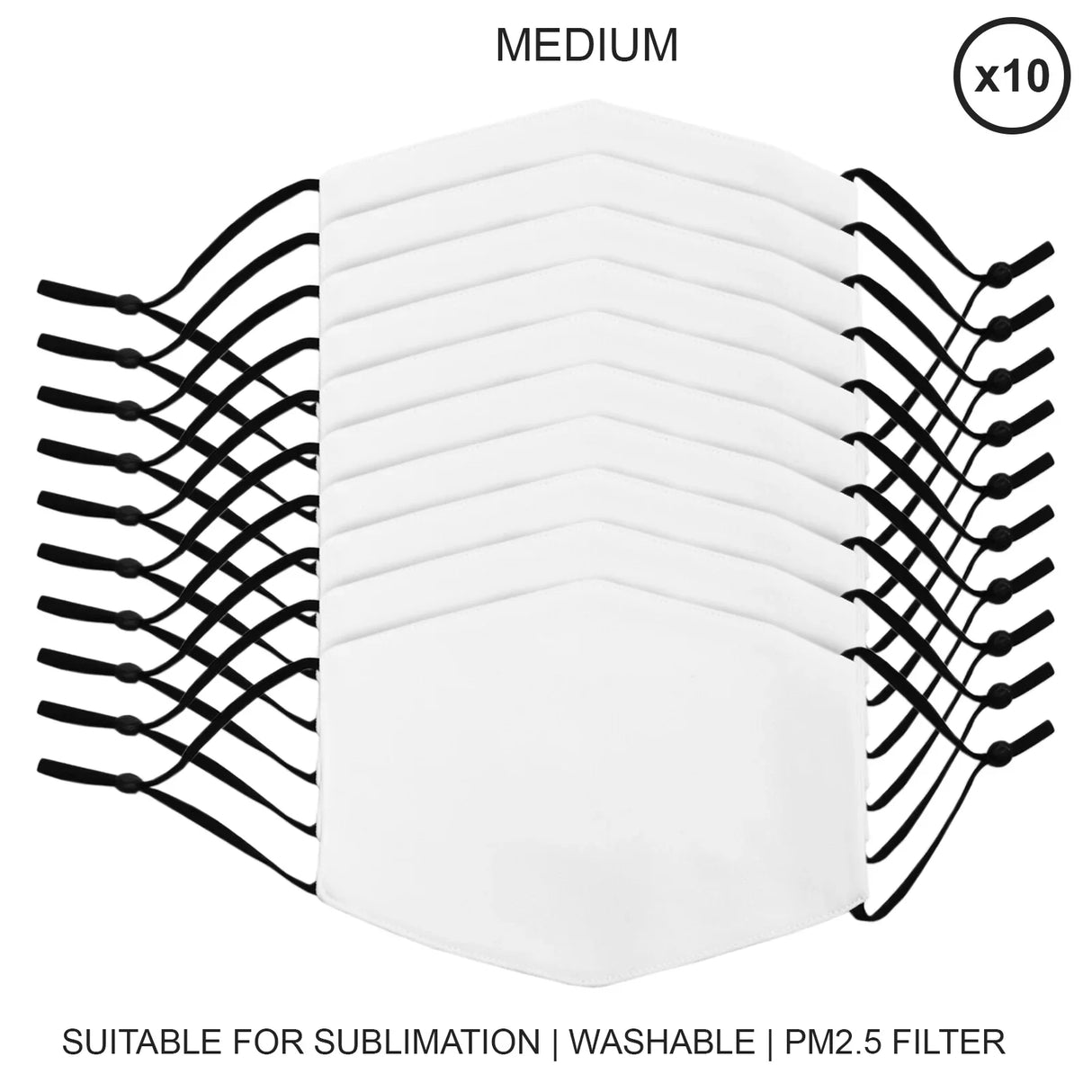 Medium face masks sublimation blanks in a pack of 10, featuring a white fabric surface and adjustable black ear straps