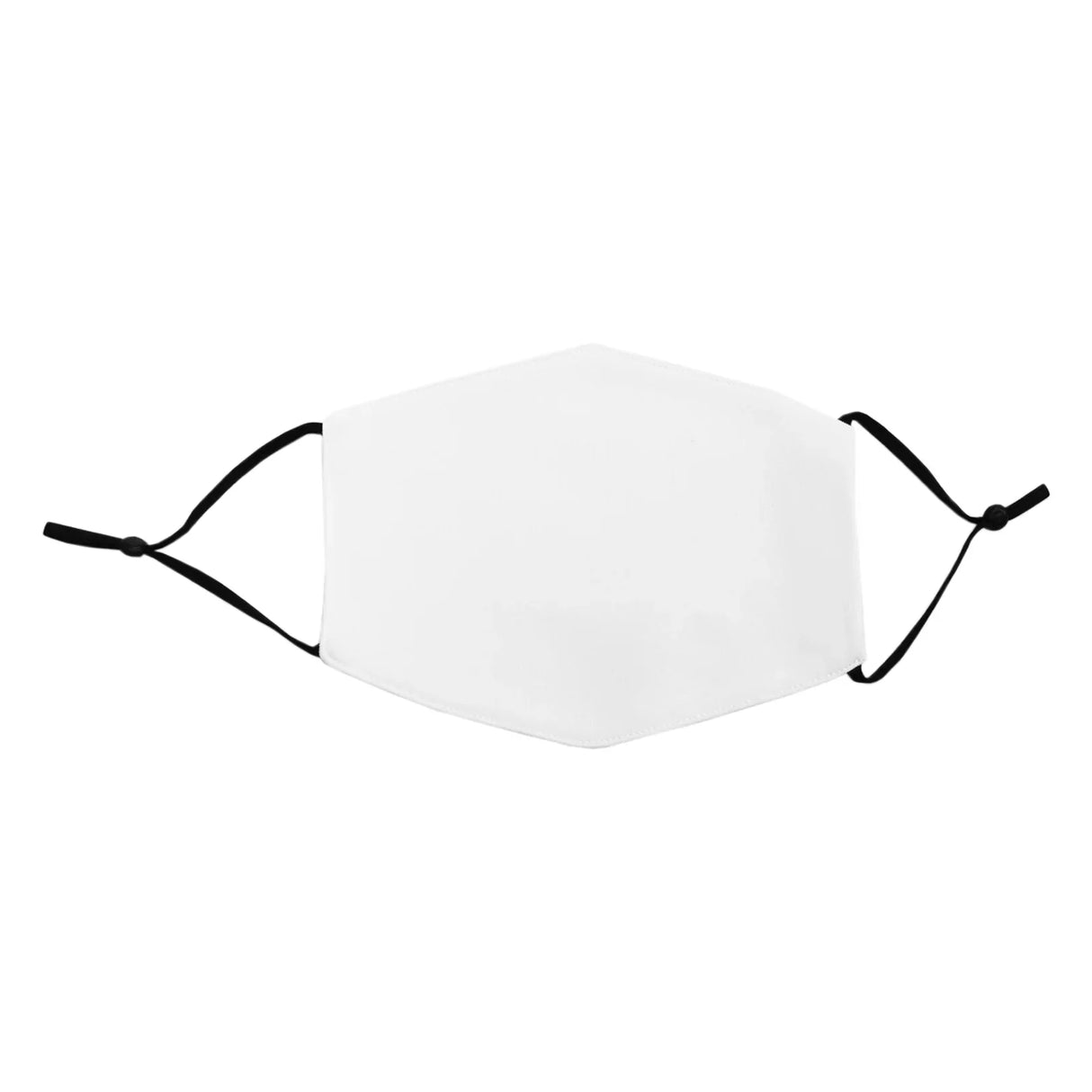 White sublimation face mask with adjustable black ear straps, featuring a smooth texture and hexagonal shape for comfort