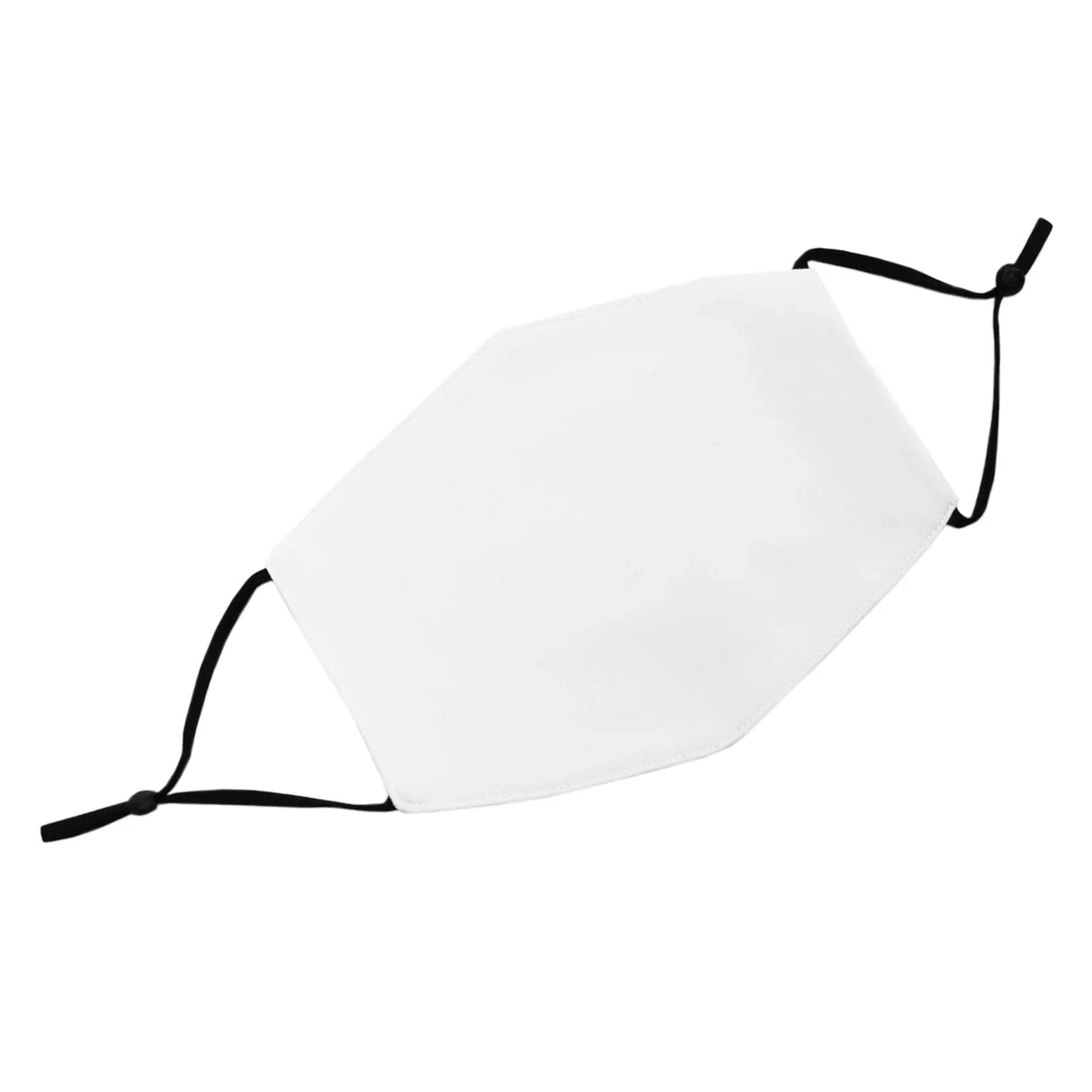 White sublimation face mask with adjustable black ear straps, featuring a hexagonal shape and smooth fabric texture