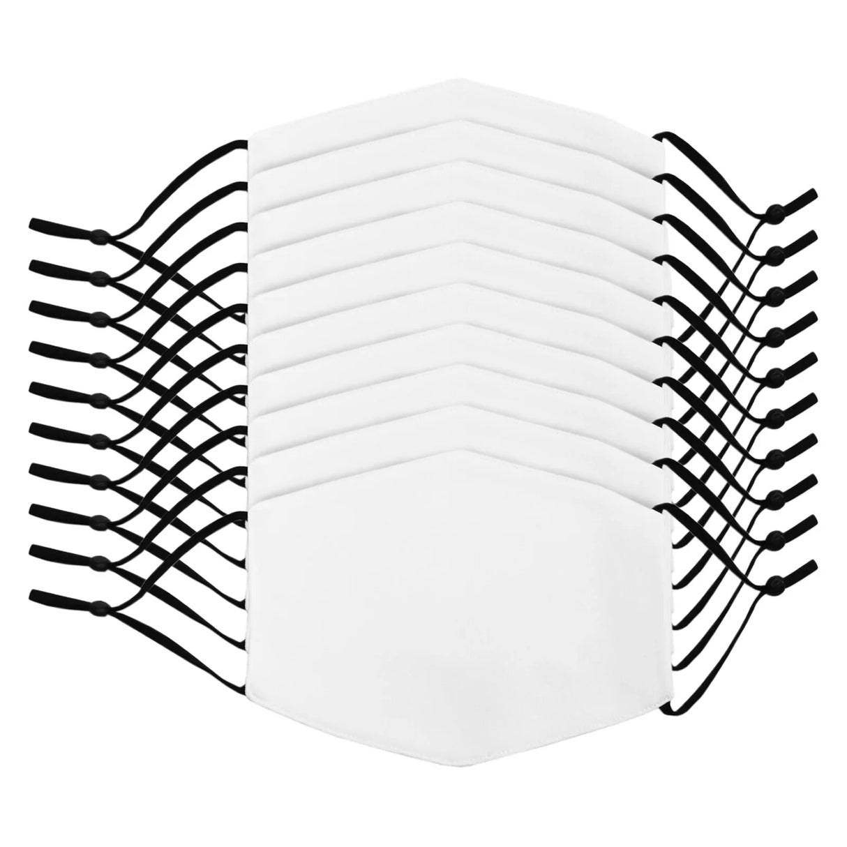 Ten white sublimation face masks arranged in a stack, featuring adjustable black ear straps for a secure fit