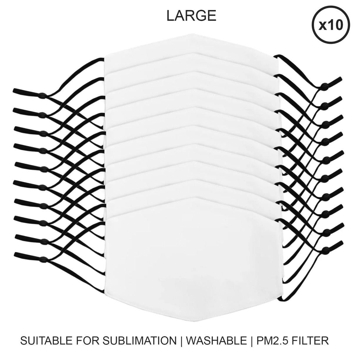 Large face masks sublimation blanks in a pack of 10, featuring a smooth white fabric, adjustable ear loops, and a hexagonal shape