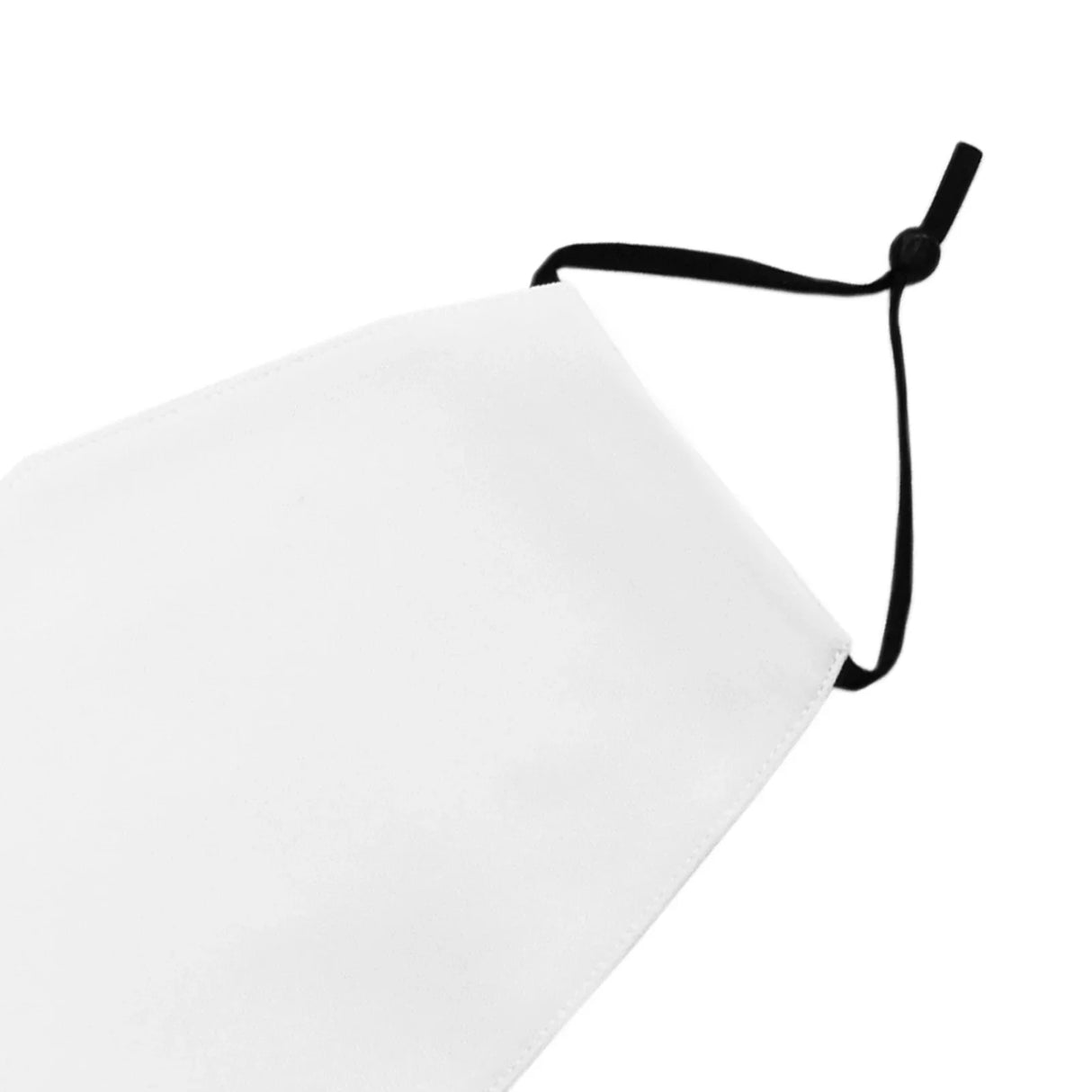White sublimation blank face mask with adjustable black ear straps, ideal for custom printing and personal designs, 30 pack