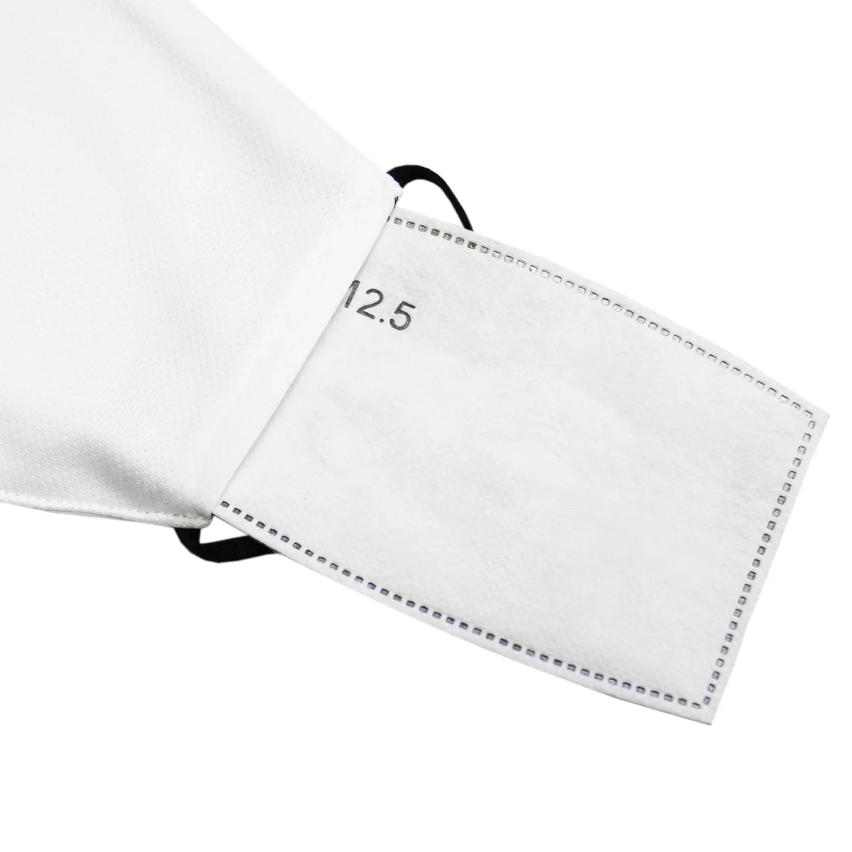 Large white sublimation blank face mask with a soft inner lining, adjustable ear straps, and a size label reading 12.5
