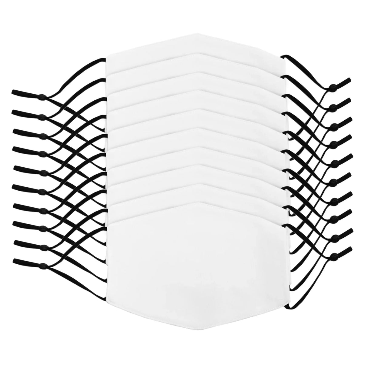 Large face masks sublimation blanks in a 10 pack, featuring a smooth white fabric with adjustable black ear straps and a hexagonal shape