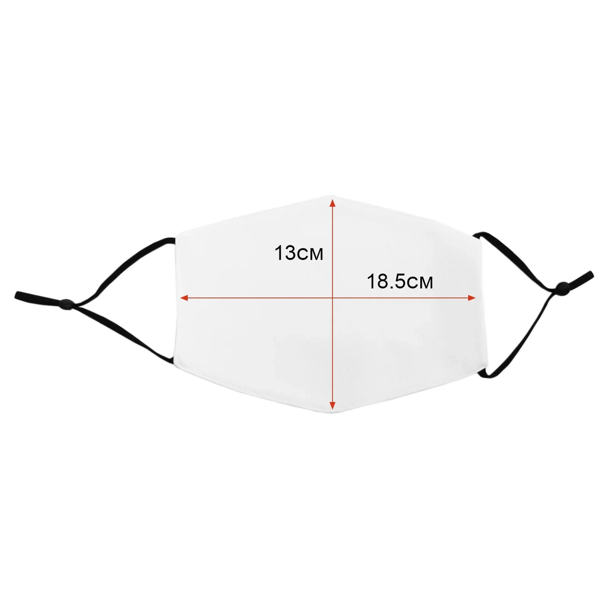 Large white sublimation blank face mask with adjustable ear straps, measuring 13cm by 18.5cm, ideal for custom designs