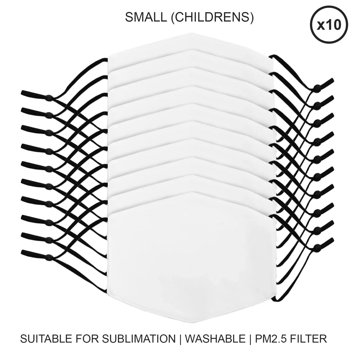 Small children's face masks in a 10-pack, featuring a white fabric surface, adjustable black ear straps, and a hexagonal shape suitable for sublimation printing