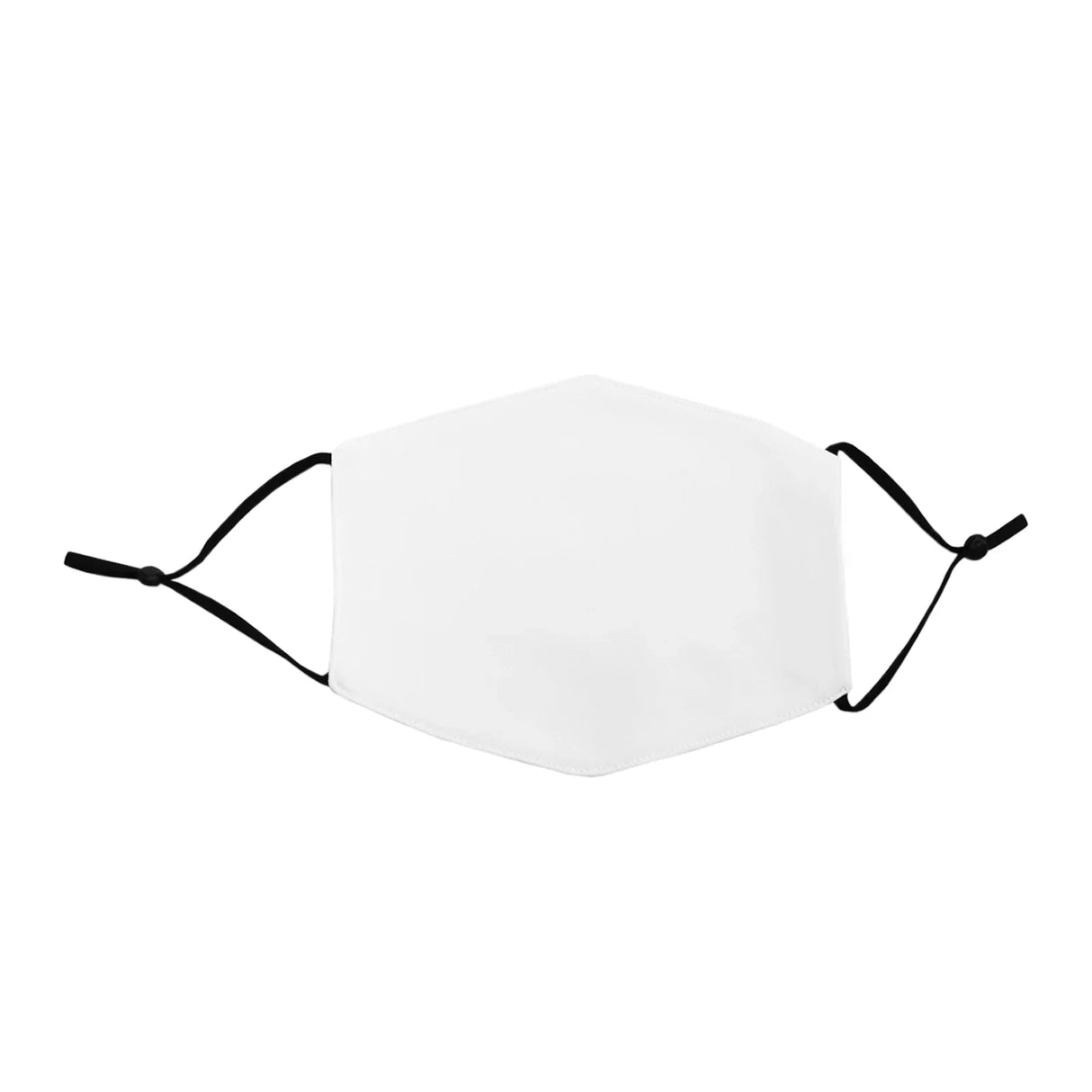 Small white sublimation blank face mask with black ear straps, hexagonal shape, ideal for custom designs and printing