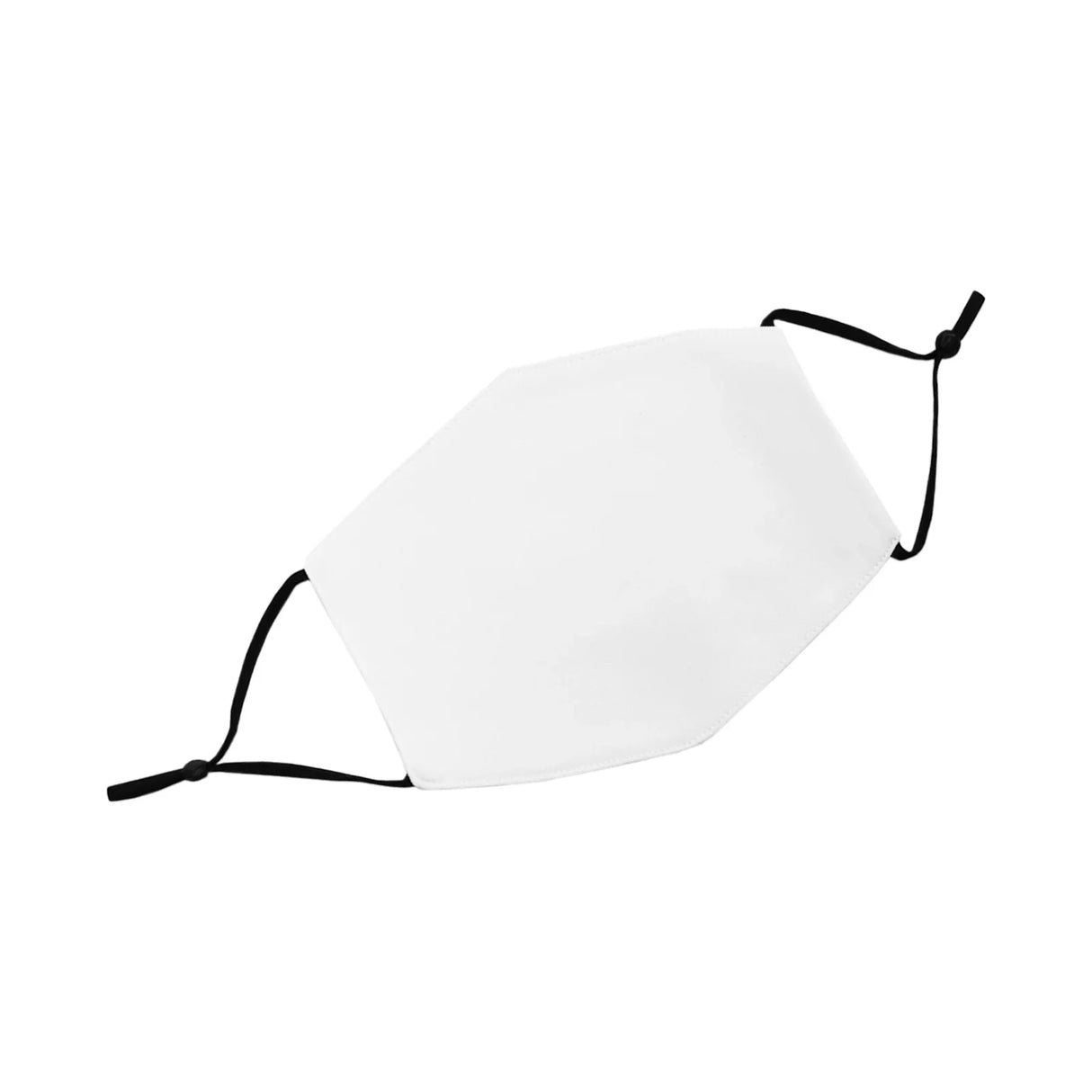 Small face mask sublimation blank in white, hexagonal shape with adjustable black ear straps, ideal for custom designs, 50 pack