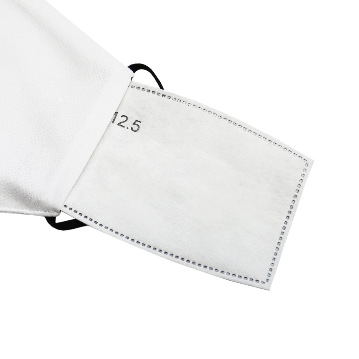White face mask with a soft inner lining, featuring a black elastic ear loop and a size label reading 12.5, ideal for sublimation printing