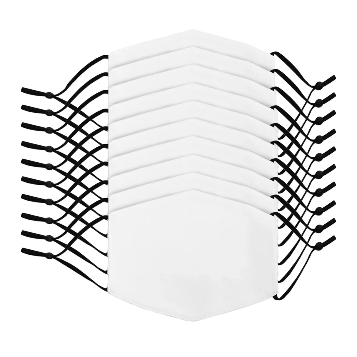 Small face masks sublimation blanks in a 10 pack, featuring a white fabric surface and black adjustable ear straps for comfort