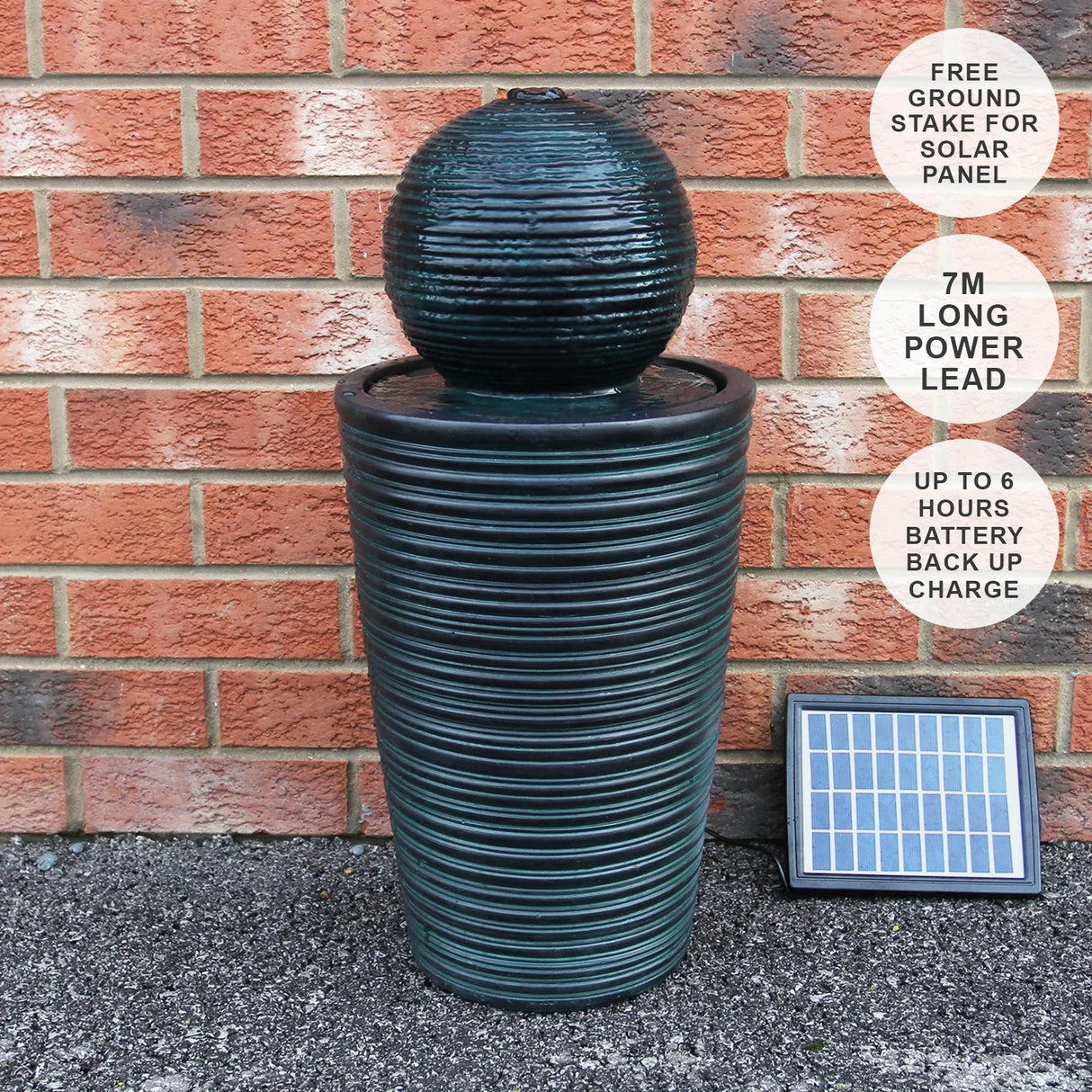Round ball solar water feature with textured dark green finish, includes a solar panel, and a long power lead for outdoor use