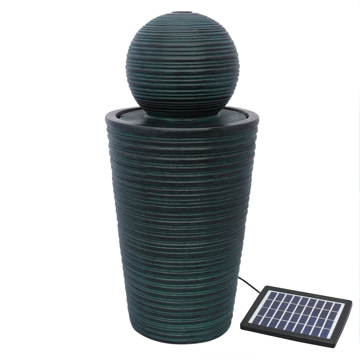 Round ball solar water feature with textured dark green finish, featuring a spherical top and solar panel for outdoor decor