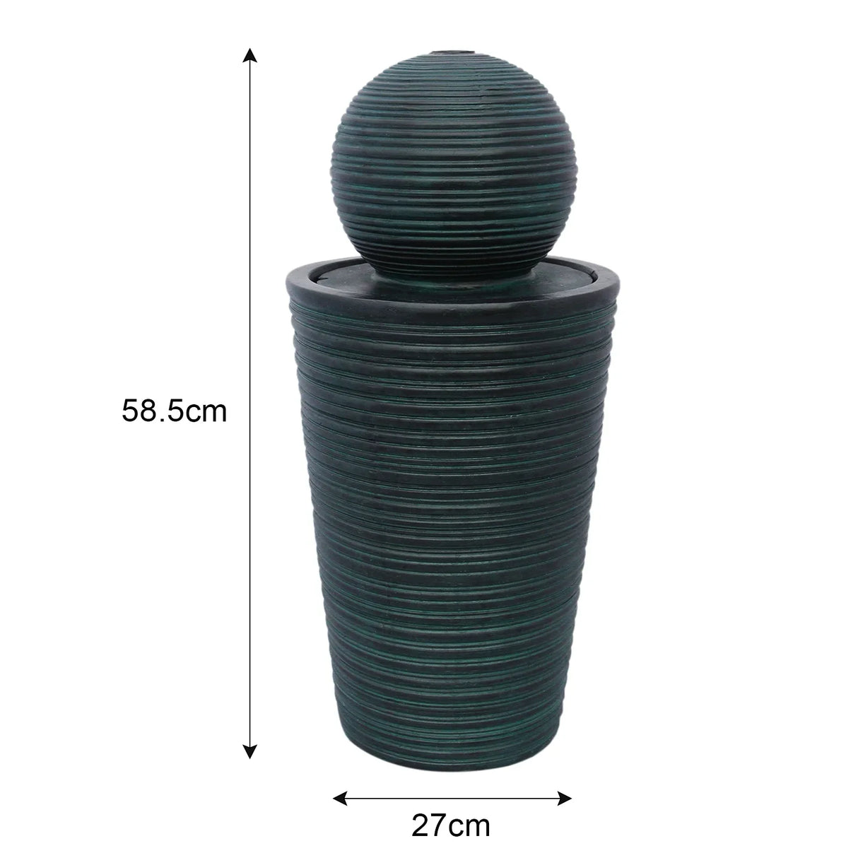 Round ball solar water feature with textured dark green finish, standing 58.5cm tall, perfect for garden or patio decor
