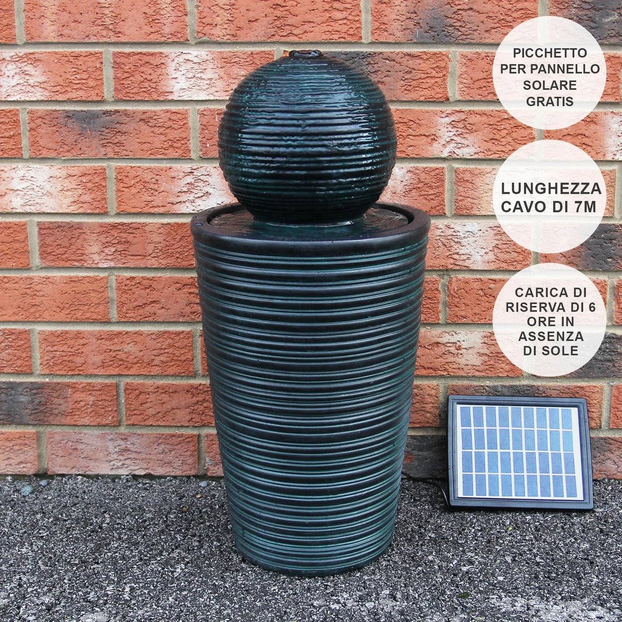 Round ball solar water feature with textured dark green finish, featuring a spherical top and cylindrical base, includes solar panel