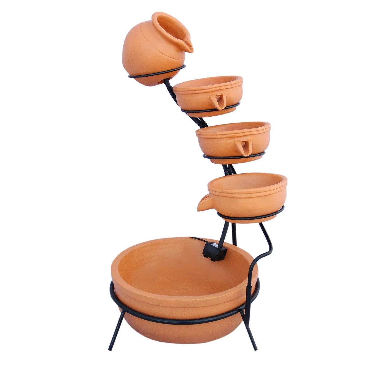 Terracotta 4 tier spilling bowls water feature with a rustic design, featuring earthy tones and a sleek black metal frame