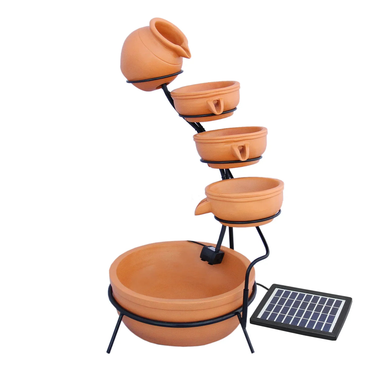 Terracotta 4 tier spilling bowls water feature with a solar panel, featuring earthy orange bowls cascading water into a round base