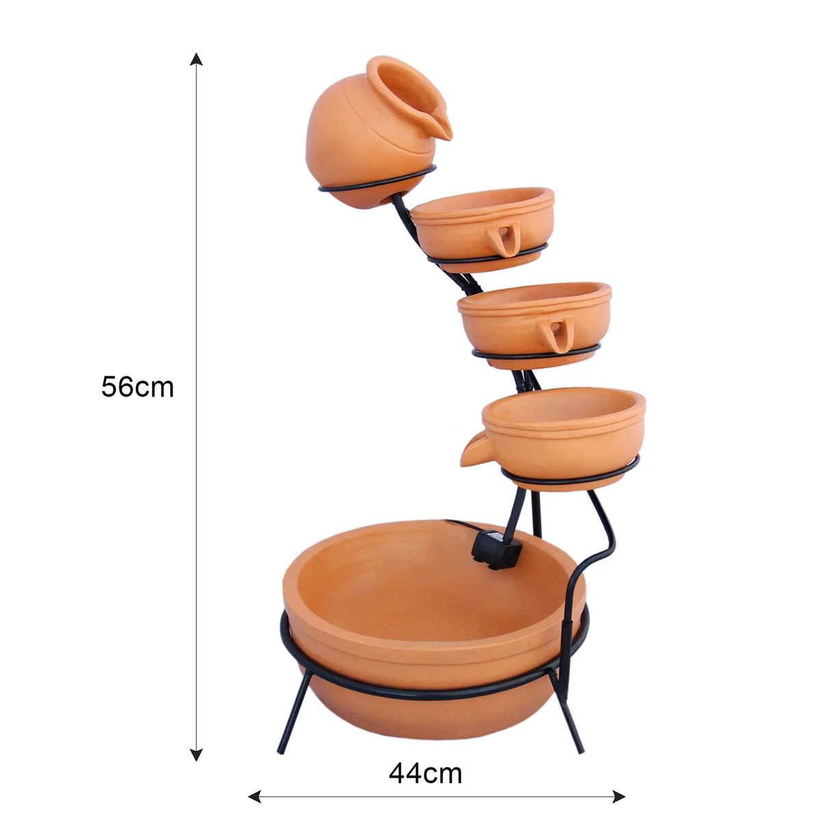 Terracotta 4 tier spilling bowls water feature with a sleek black metal frame, showcasing earthy tones and smooth textures