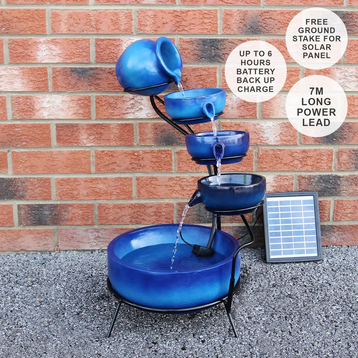 Blue 4 tier spilling bowls water feature with a sleek design, textured ceramic finish, and solar panel for outdoor decor