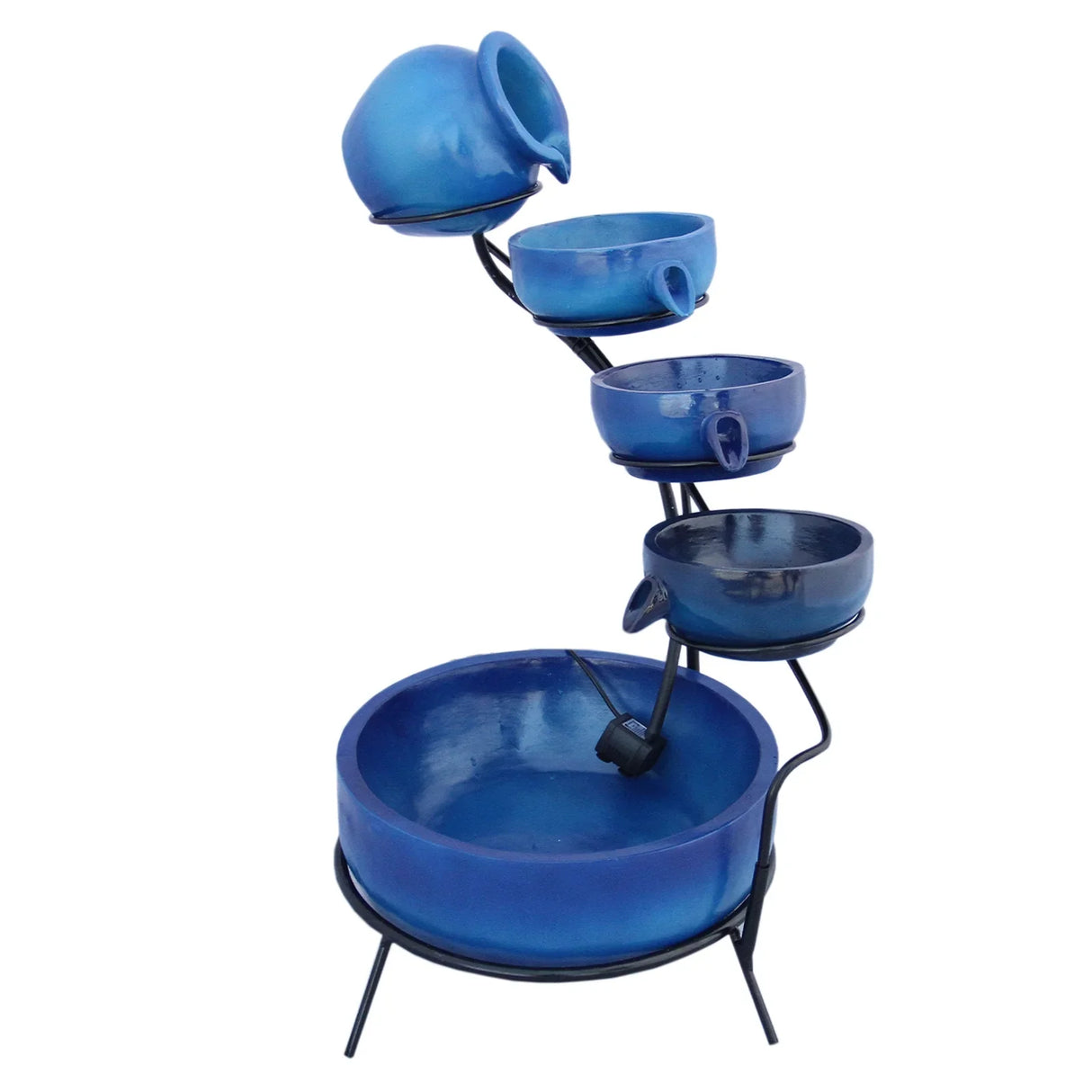 Blue 4 tier spilling bowls water feature with a sleek black metal frame, showcasing smooth ceramic bowls in varying shades of blue