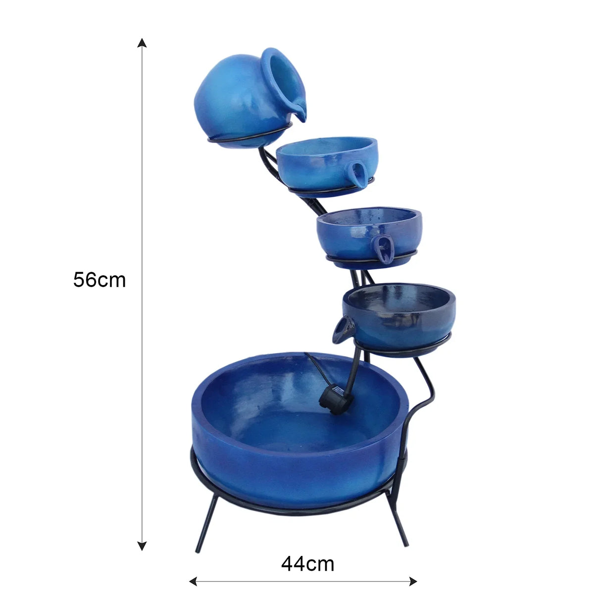 Blue 4 tier spilling bowls water feature with a sleek black metal frame, showcasing a gradient of blue ceramic bowls cascading water