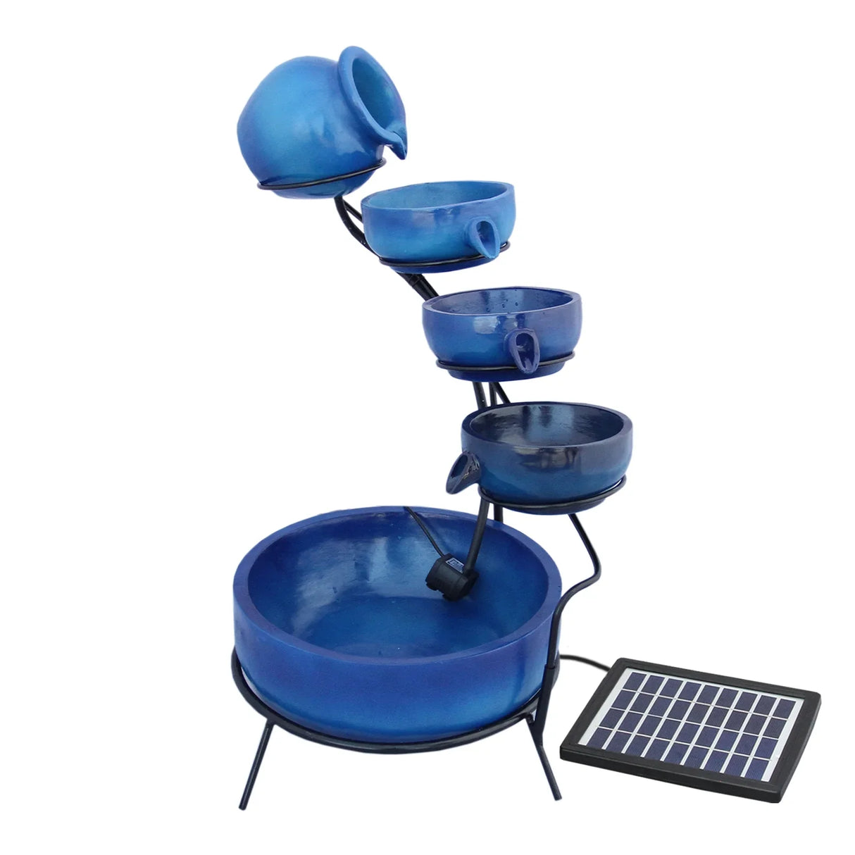 Blue 4 tier spilling bowls water feature with a solar panel, showcasing a smooth ceramic finish and elegant curved design