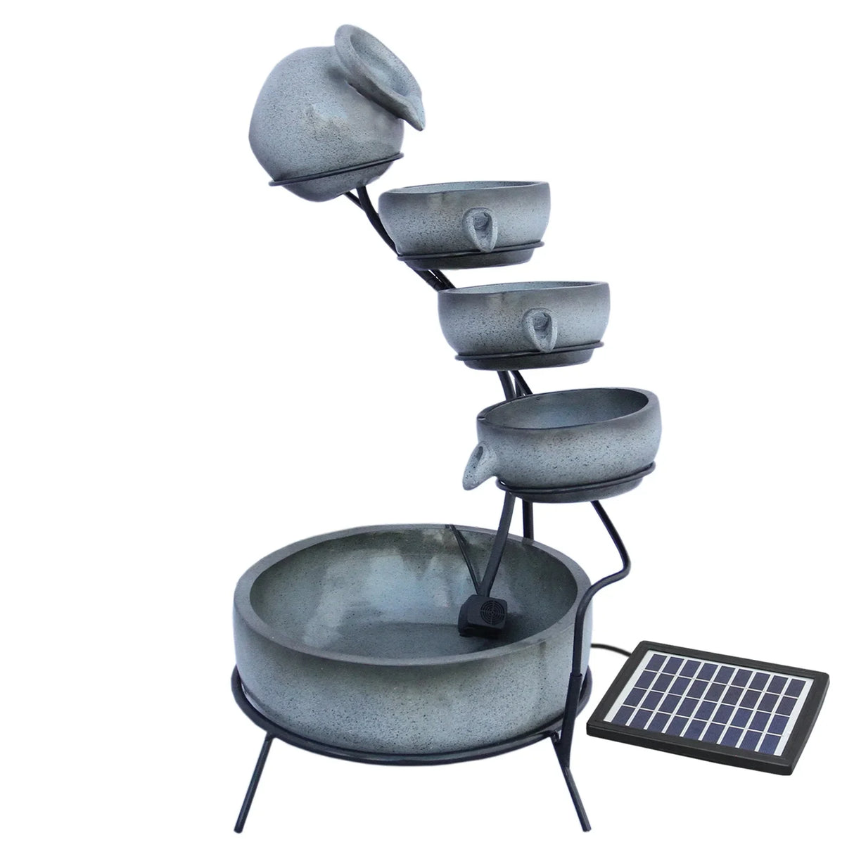 Grey 4 tier spilling bowls water feature with textured ceramic bowls, a sleek black frame, and a solar panel for outdoor use