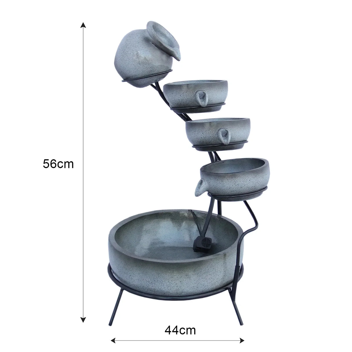 Grey 4 tier spilling bowls water feature with textured ceramic bowls, metal frame, and a circular base, measuring 56cm tall and 44cm wide