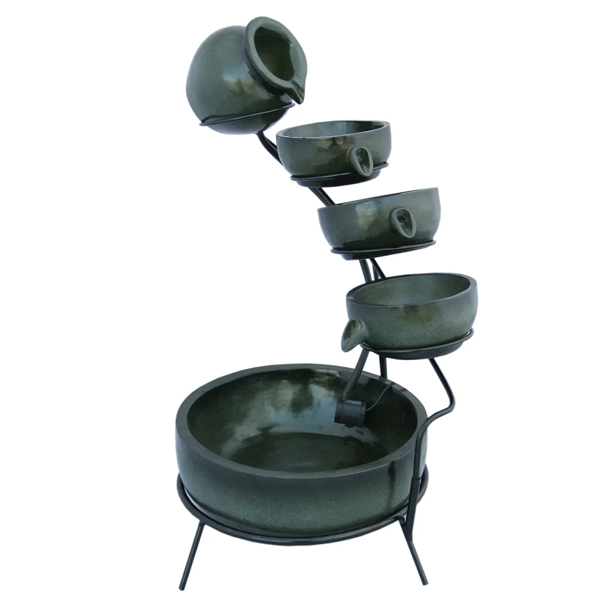 Green 4 tier spilling bowls water feature with a sleek black metal stand, showcasing smooth ceramic bowls cascading water elegantly