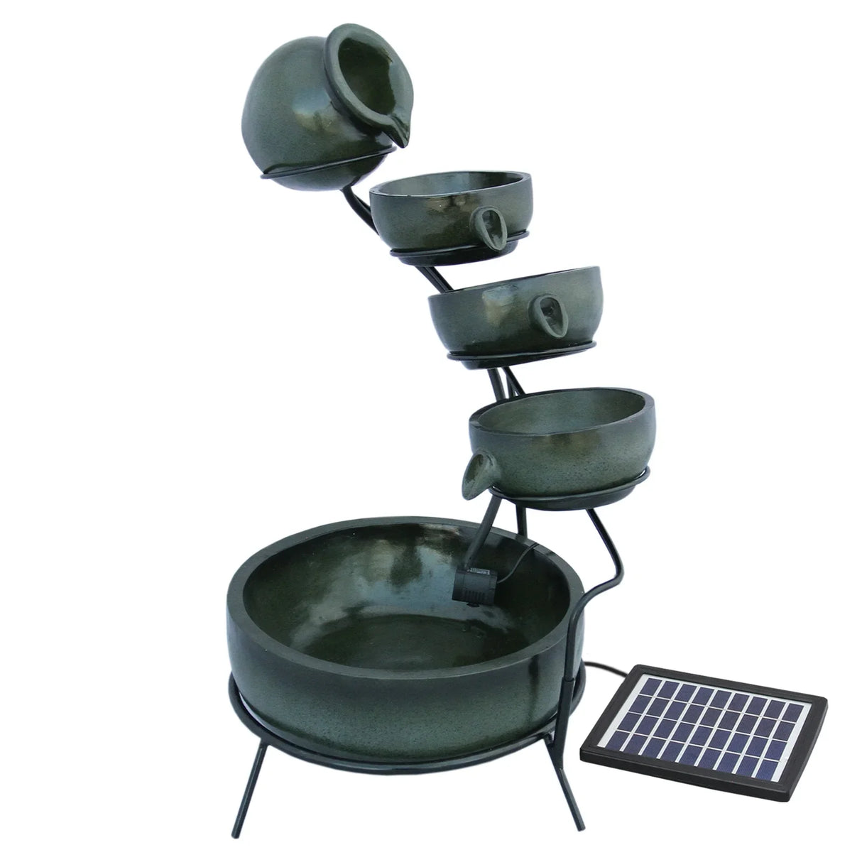 Green 4 tier spilling bowls water feature with a sleek design, made of ceramic, featuring a solar panel for outdoor use