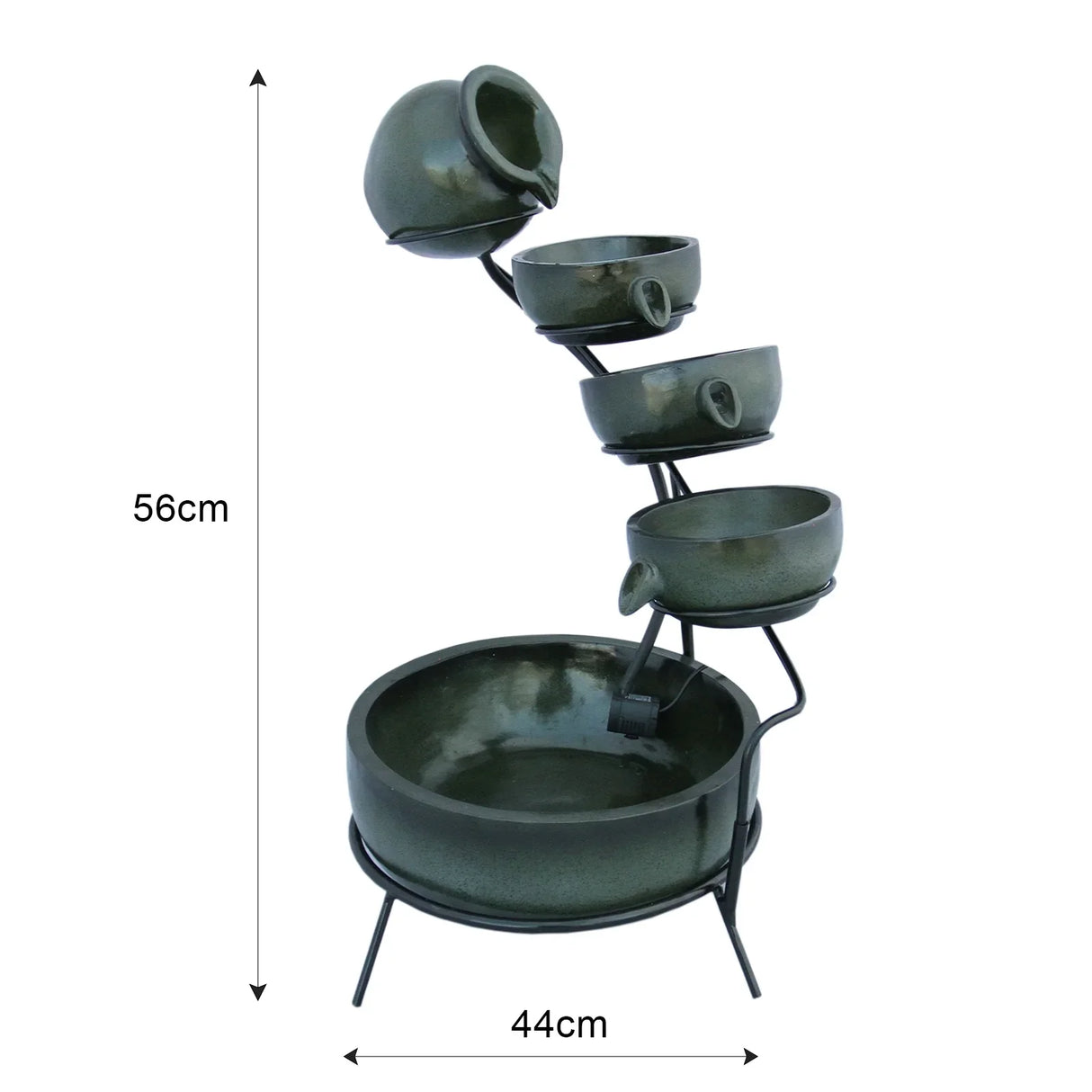 Green 4 tier spilling bowls water feature with a sleek design, ceramic texture, and black metal stand, measuring 56cm tall and 44cm wide
