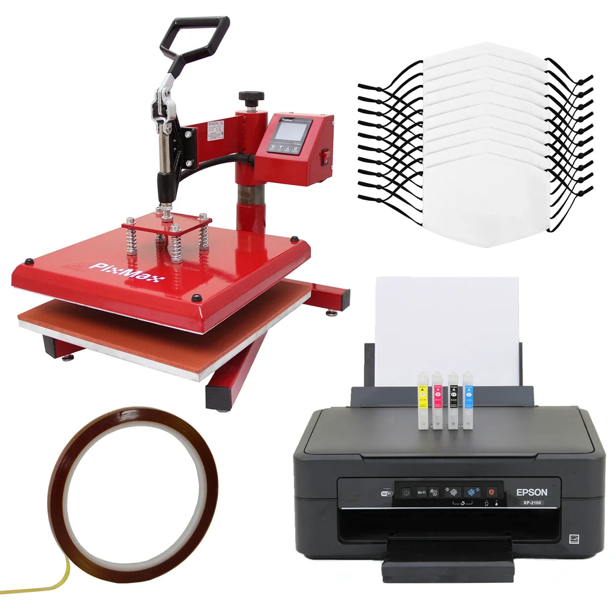 10 sublimation face masks, red heat press machine, Epson printer, sublimation ink, and heat-resistant tape on a white...