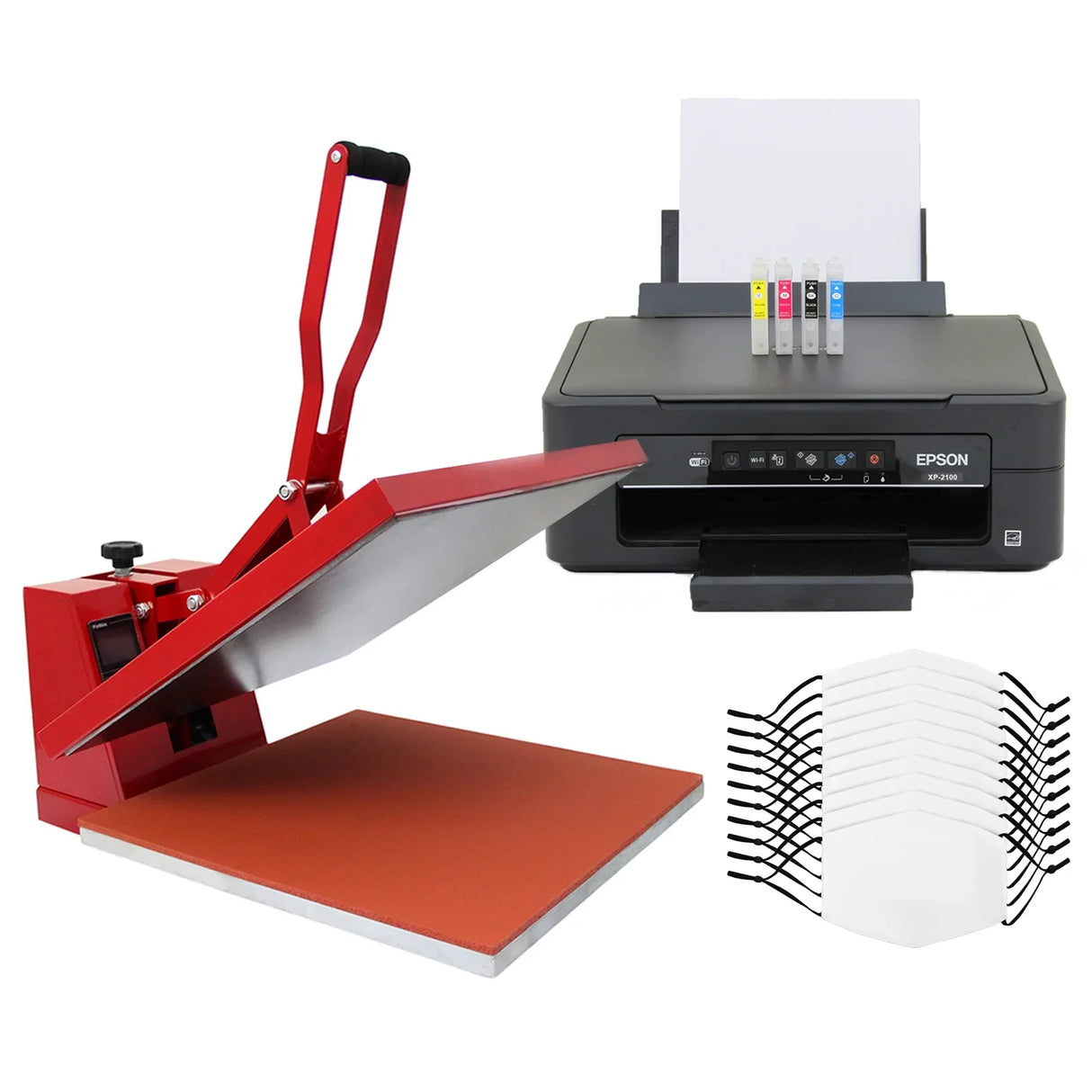 10 sublimation face masks, red clam heat press, Epson printer with ink, and blank masks for custom designs and printing