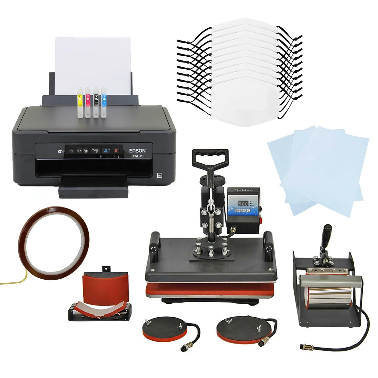 10 sublimation face masks, Epson printer, heat press, transfer sheets, and accessories in a compact layout with vibrant...
