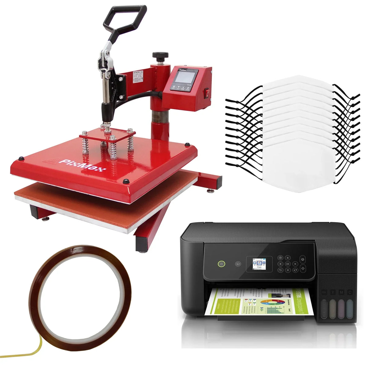 Red swing heat press machine, Eco Tank printer, sublimation tape, and ten white face masks arranged for printing setup