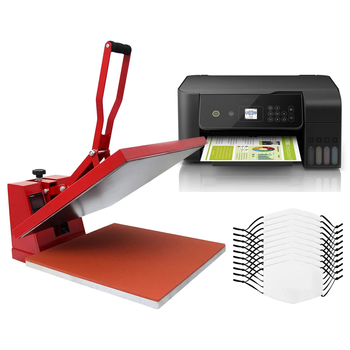 10 sublimation face masks, red clam heat press, eco tank printer, and accessories on a white background, ideal for custom...