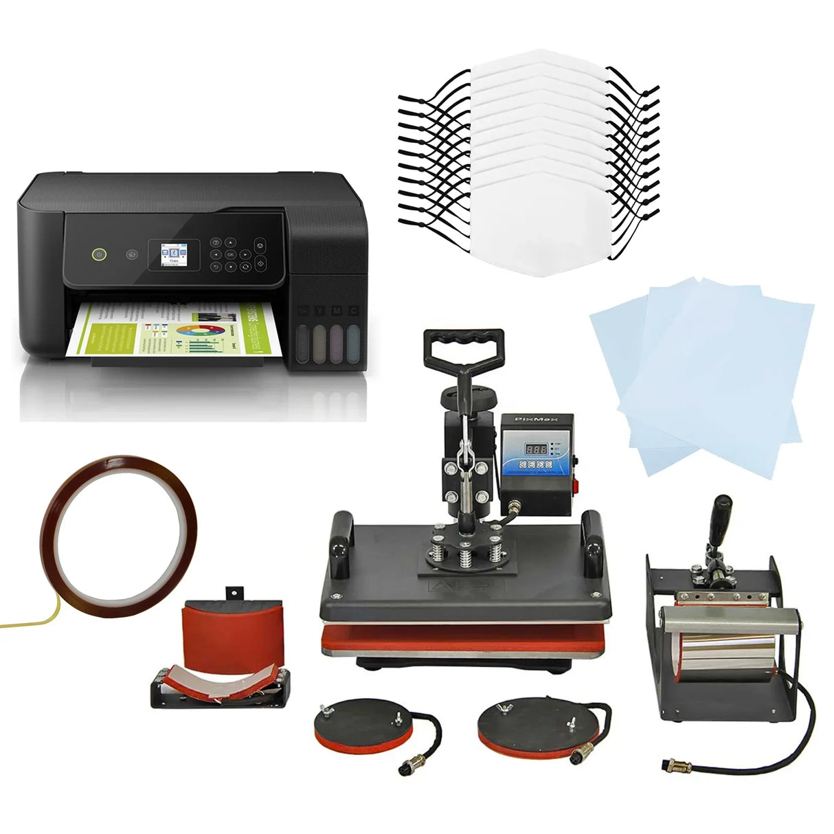 10 sublimation face masks, 5 in 1 heat press, eco tank printer, transfer sheets, and accessories in a compact layout