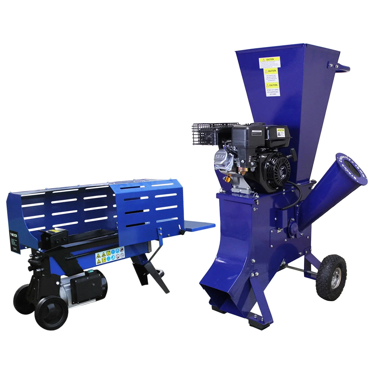 T-Mech Log Splitter 5T and 6.5HP Wood Chipper in blue, showcasing sturdy metal construction and compact design for efficient wood processing