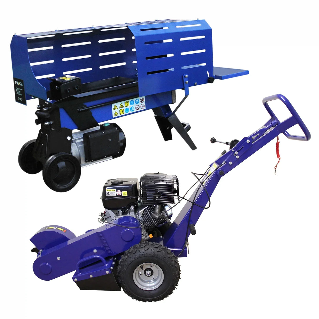 T-Mech log splitter in blue with a sturdy design, 7T capacity, and a 13HP stump grinder featuring rugged wheels and a powerful engine