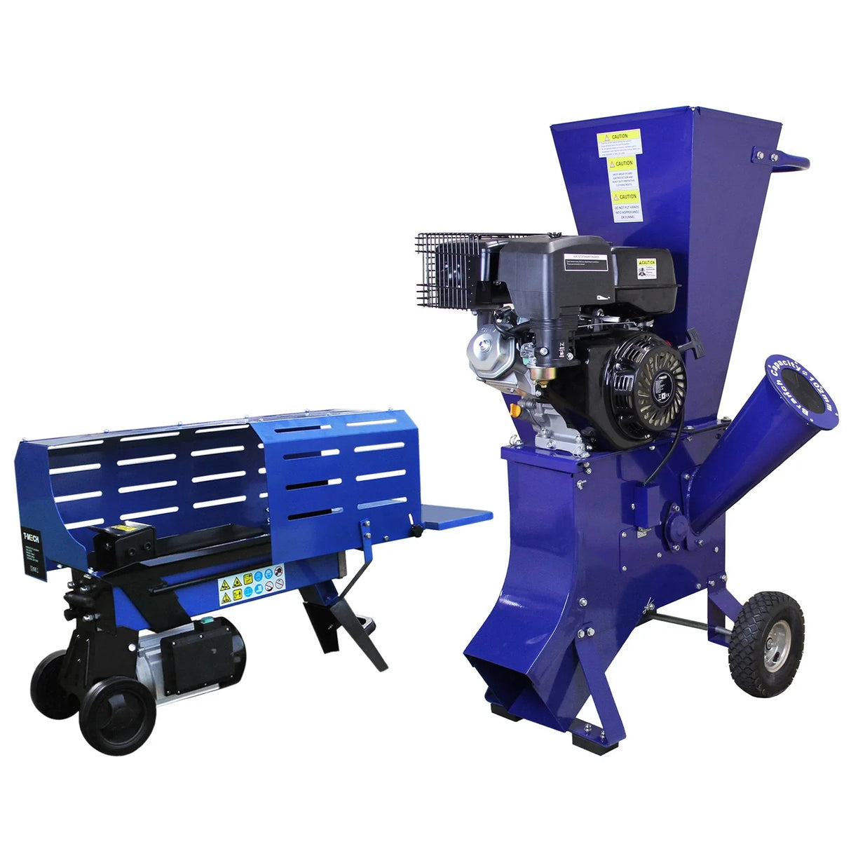 T-Mech log splitter and wood chipper in blue, featuring a sturdy design, wheels for mobility, and powerful engine for efficient wood processing