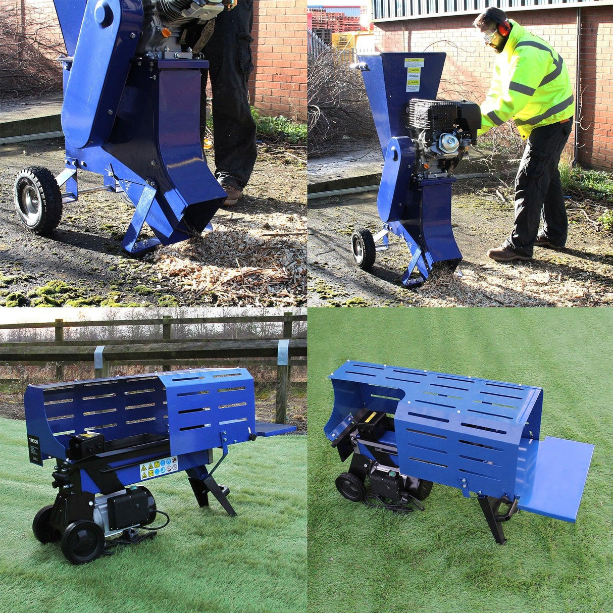 T-Mech 15HP wood chipper in blue, featuring a sturdy design, wheels for mobility, and a powerful engine for efficient wood processing