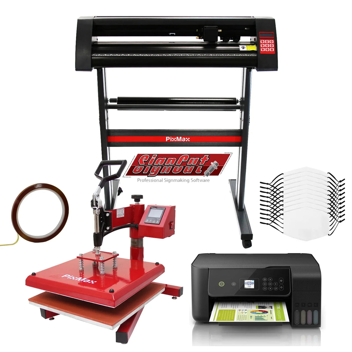 Vinyl cutter, heat press, eco tank printer, and ten face masks in a professional signmaking setup with vibrant colors and...