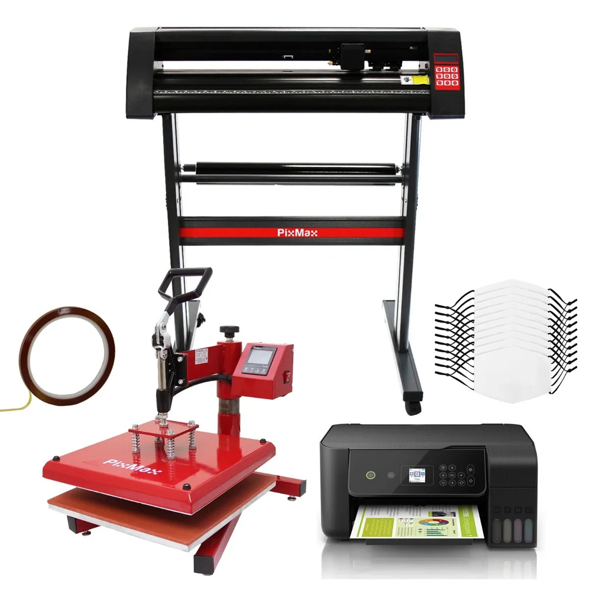 Vinyl cutter, swing heat press, eco tank printer, 10 face masks, and tools in red and black with various textures and shapes