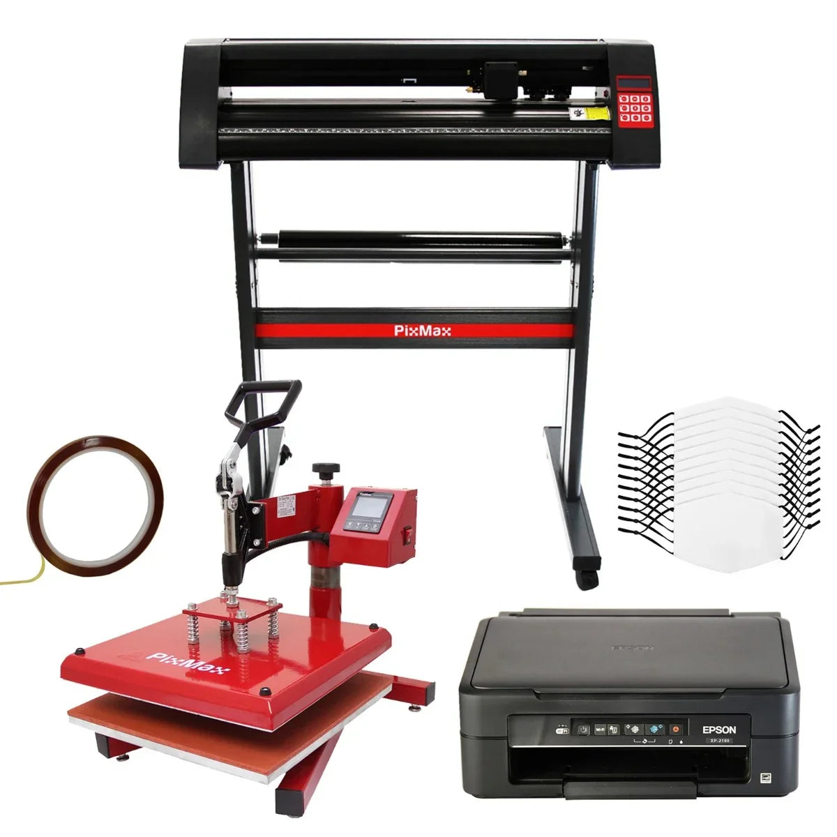 10 face masks, red swing heat press, Epson printer, vinyl cutter, and Signcut Pro software on a white background