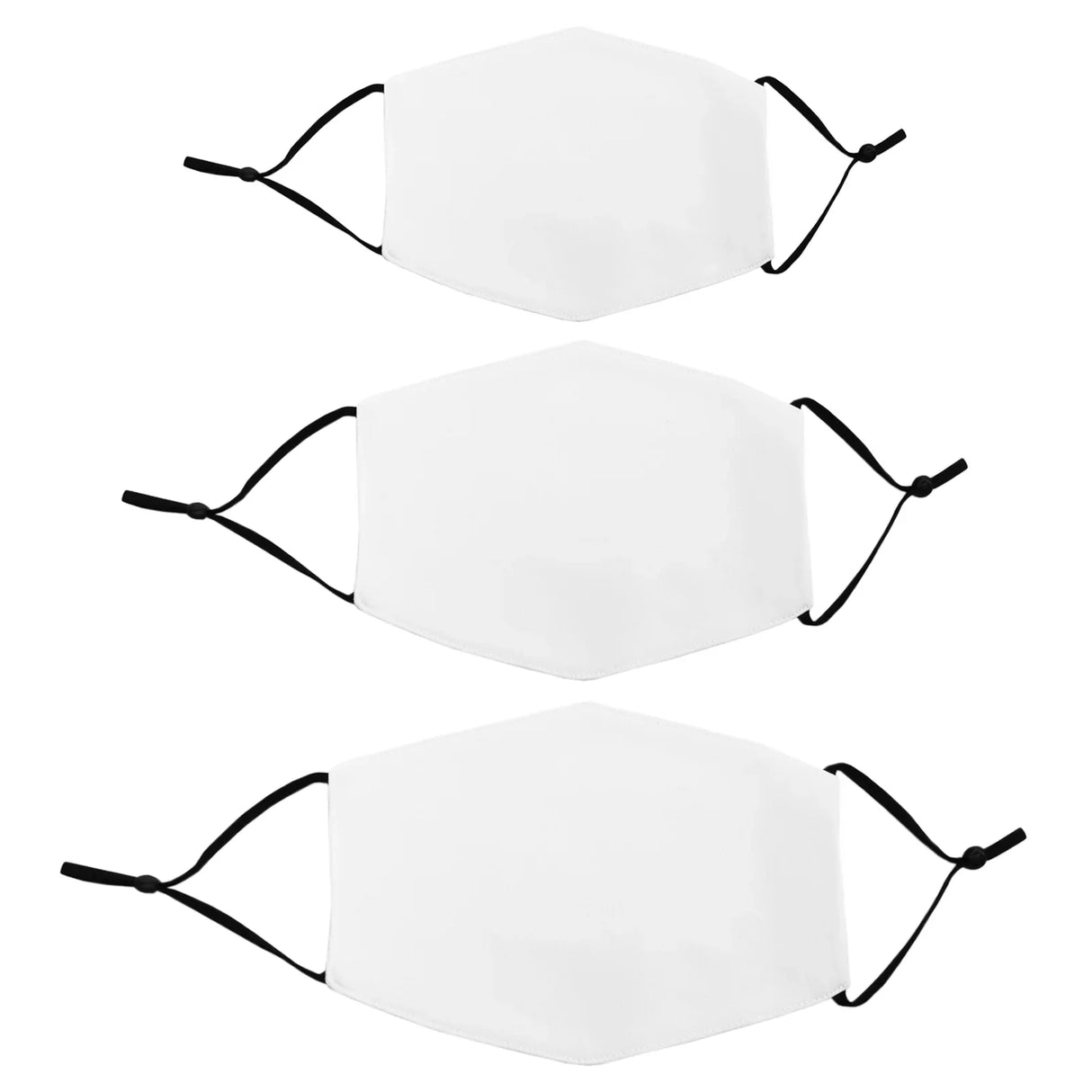 White sublimation blank face masks in a 30 pack, featuring adjustable black ear straps and a smooth, soft fabric texture