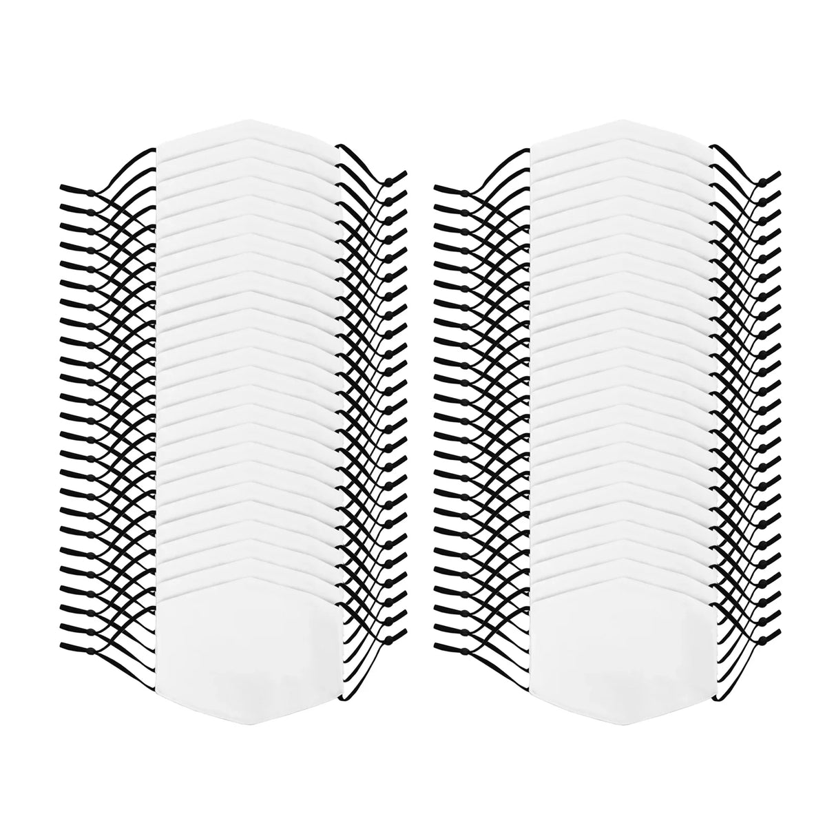 Small face masks sublimation blanks in white, featuring black ear loops, neatly arranged in a 50-pack for crafting and customization