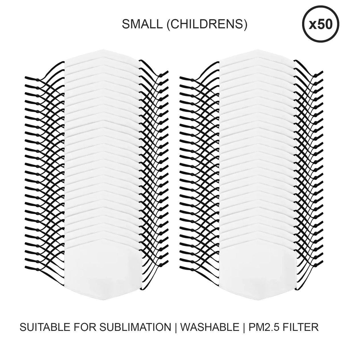 Small face masks sublimation blanks in a pack of 50, featuring a white fabric surface and adjustable black ear loops, suitable for children