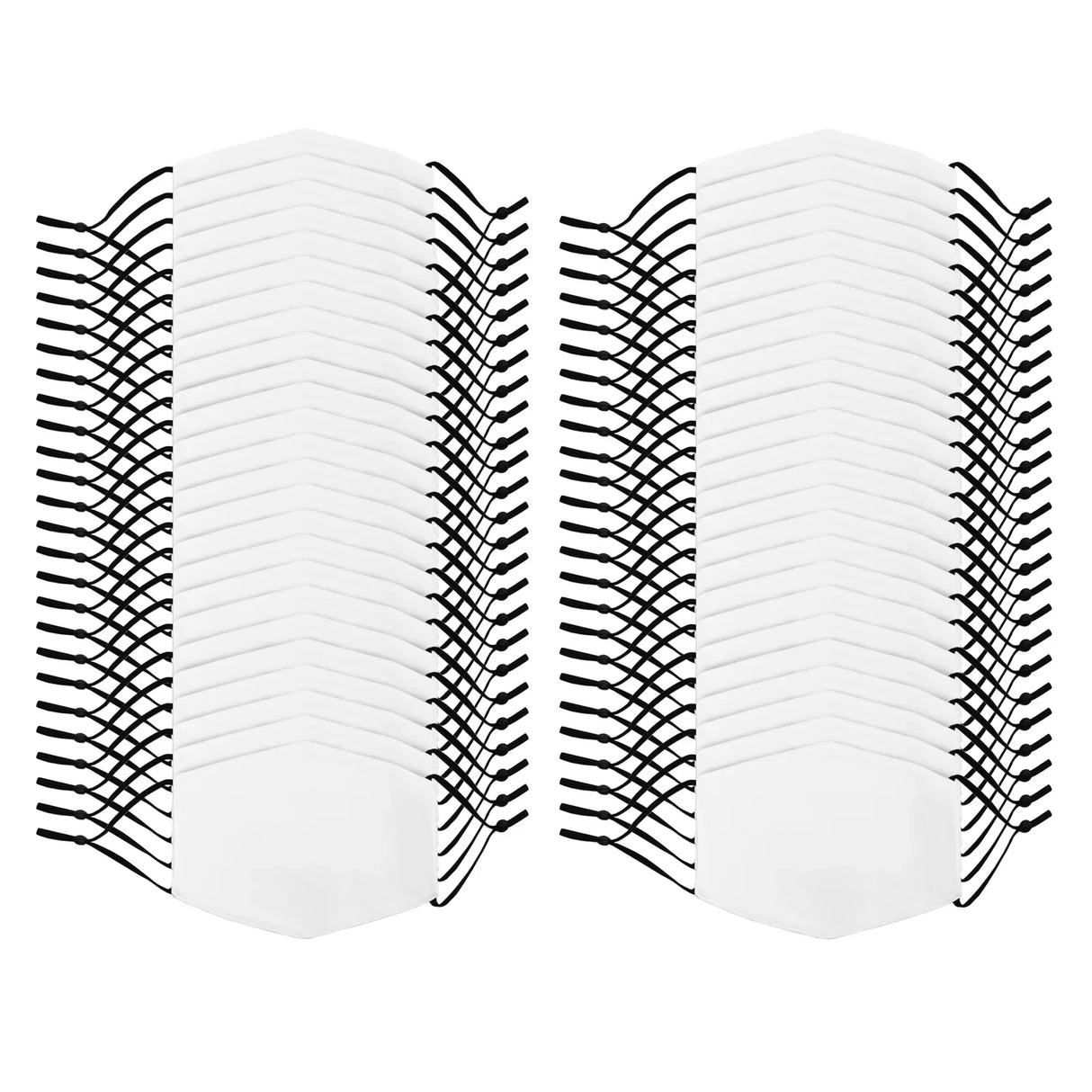 Medium face masks sublimation blanks in white, featuring black ear loops, neatly arranged in a 50 pack for easy crafting and customization