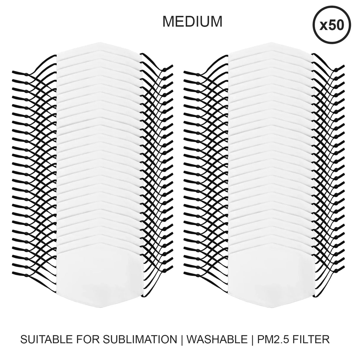 Medium face masks in a 50-pack, featuring a white fabric surface, black ear loops, and a shape suitable for sublimation printing