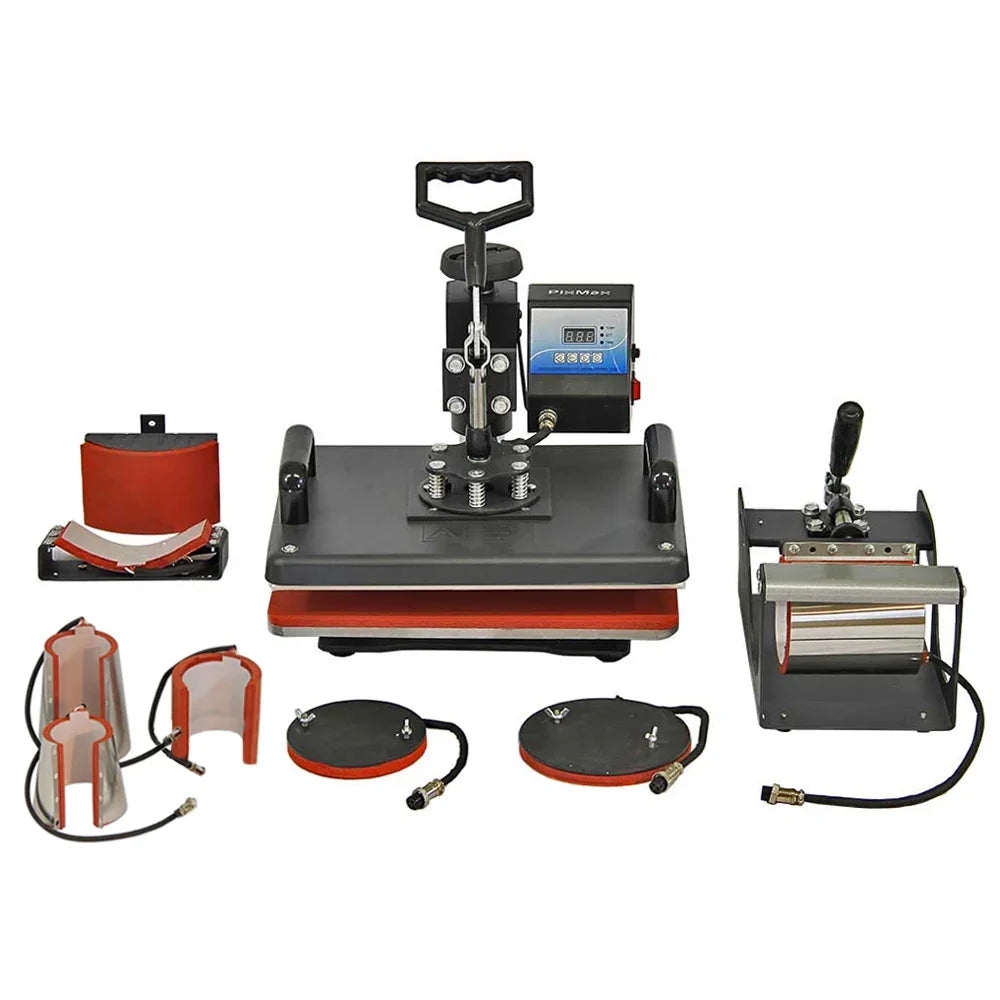 PixMax 8 in 1 Combo Swing Heat Press Machine with various attachments, featuring a sturdy black base and red accents for vibrant heat transfer projects