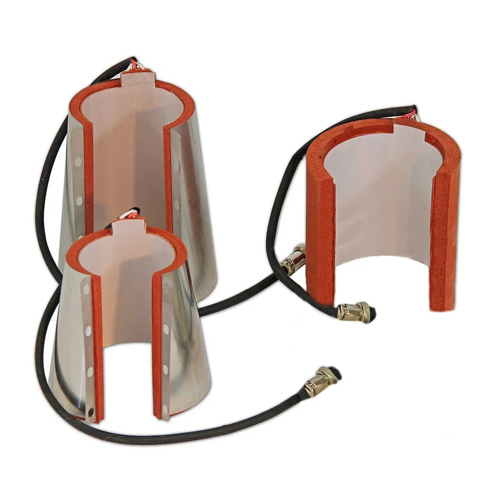 Heat press machine attachments featuring durable silicone and metal materials, designed for even heat distribution and versatility